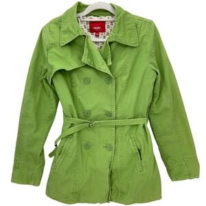 Mossimo Green Peacoat L Double Breasted Belted Floral Lined Cotton Jacket Trench